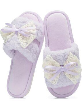 Women's Purple Open Toe Memory Foam Slippers With Lace Bow Non-Slip Fuzzy Shoes